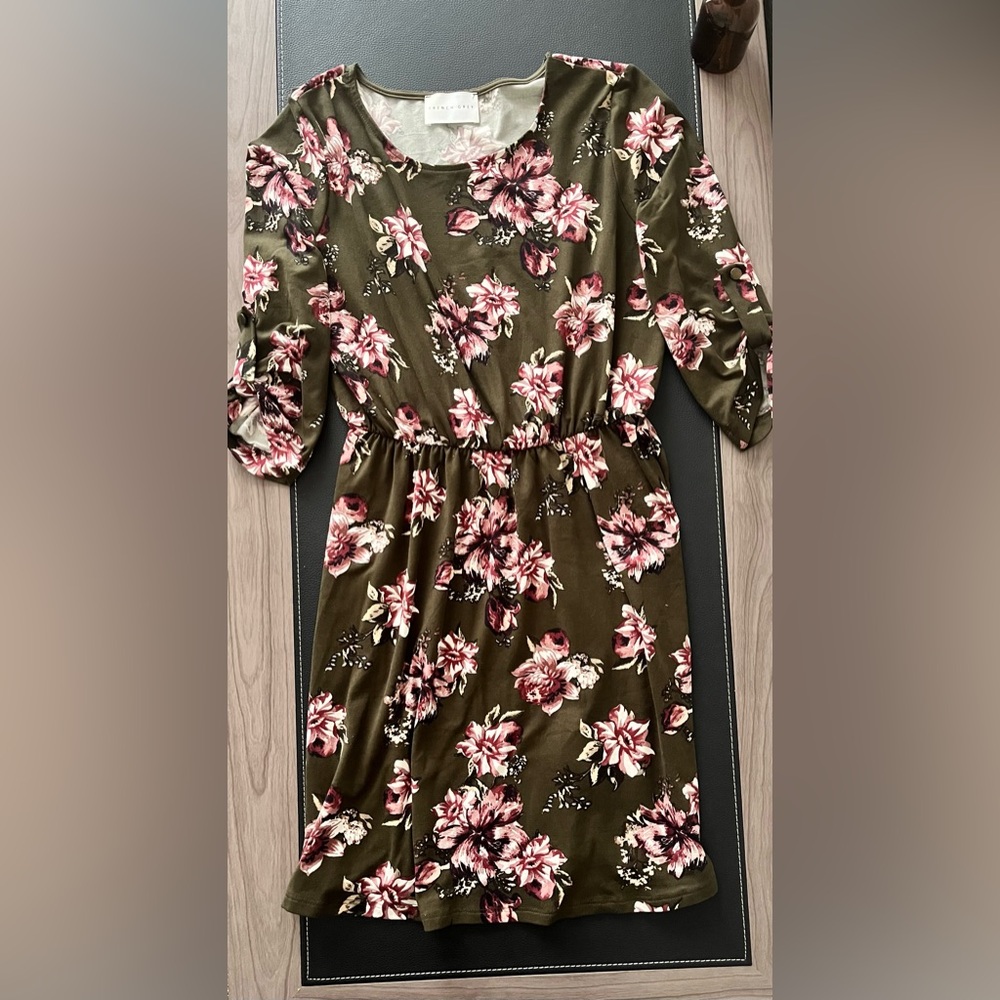 French Grey Olive Floral Long Sleeve Dress